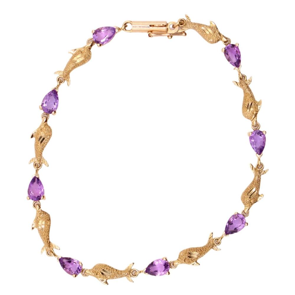 Aurafin 14kt Yellow Gold Dolphin Oval Amethyst Chain Link Bracelet